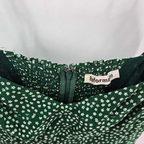Reformation Green White Flowers Back Zipper Ruching Mini Dress Size 2 - Picture 2 of 15